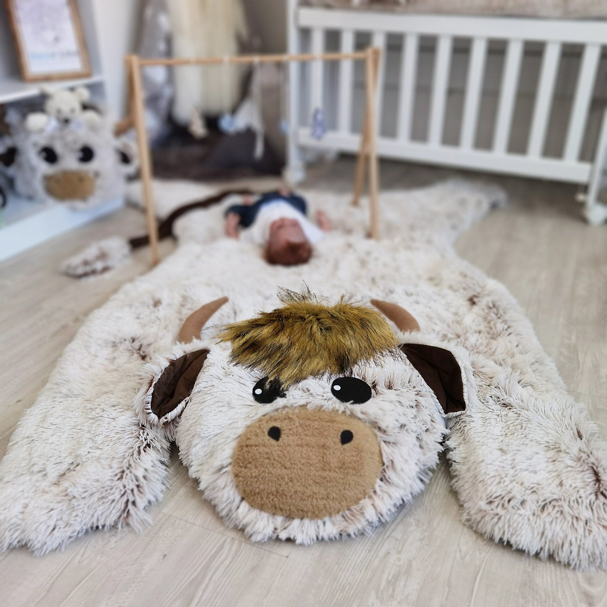Handmade Highland Cow Nursery Rug: Plush Minky Playmat