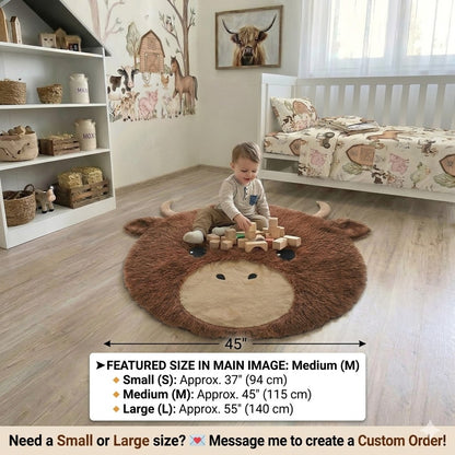 Highland Cow Nursery Rug - Soft Plush Farm Animal Play Mat for Baby Room Decor