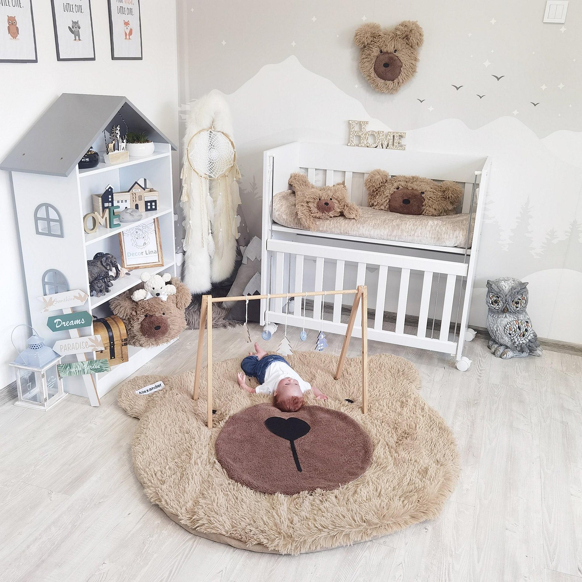Personalized Fluffy Bear Rug: Warm Taupe Nursery Decor