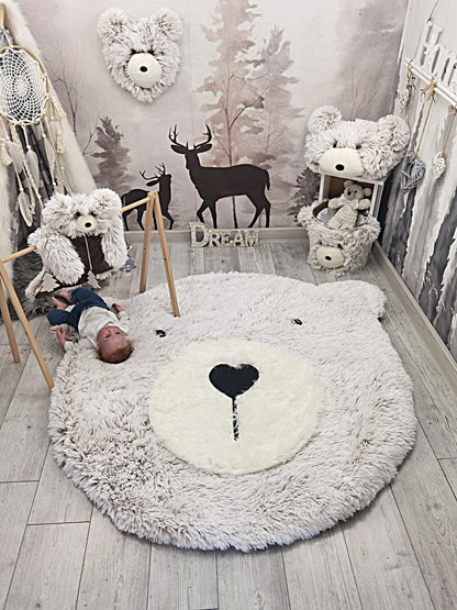 Gray Bear Rug Shaggy Fleece Round