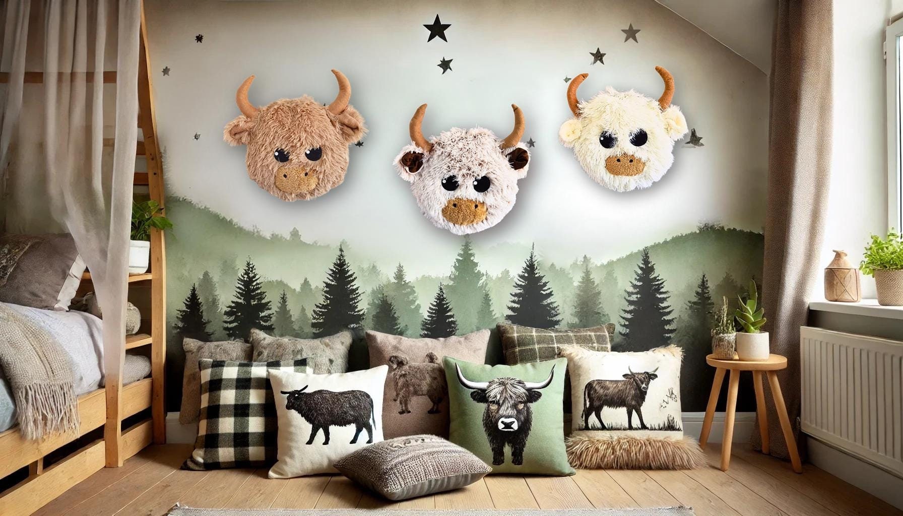 Highland Cow Head Wall Mount: Fluffy Faux Taxidermy Nursery Decor