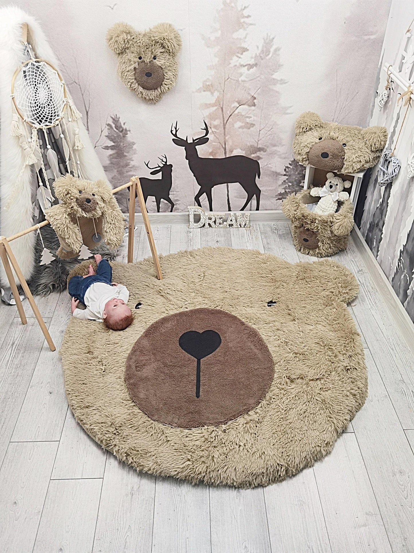 Personalized Fluffy Bear Rug: Warm Taupe Nursery Decor