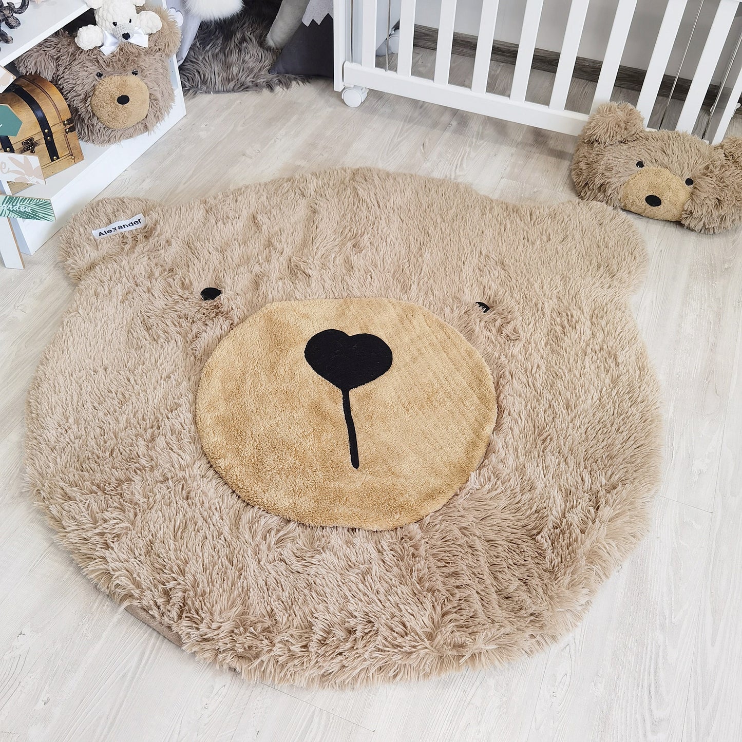 Personalized Nursery Bear Rug: Warm Taupe Minky Fabric, Adventure Theme