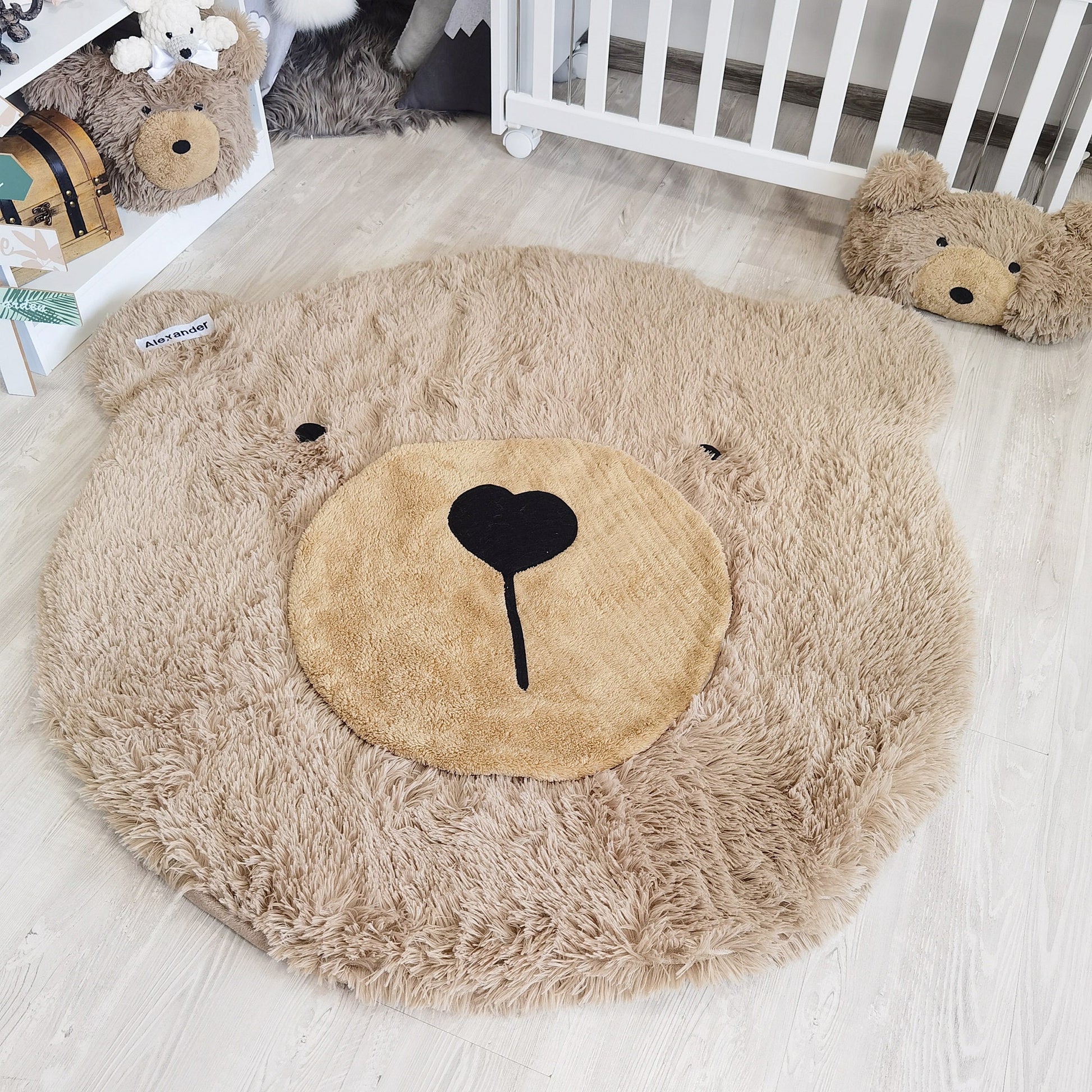 Personalized Nursery Bear Rug: Warm Taupe Minky Fabric, Adventure Theme