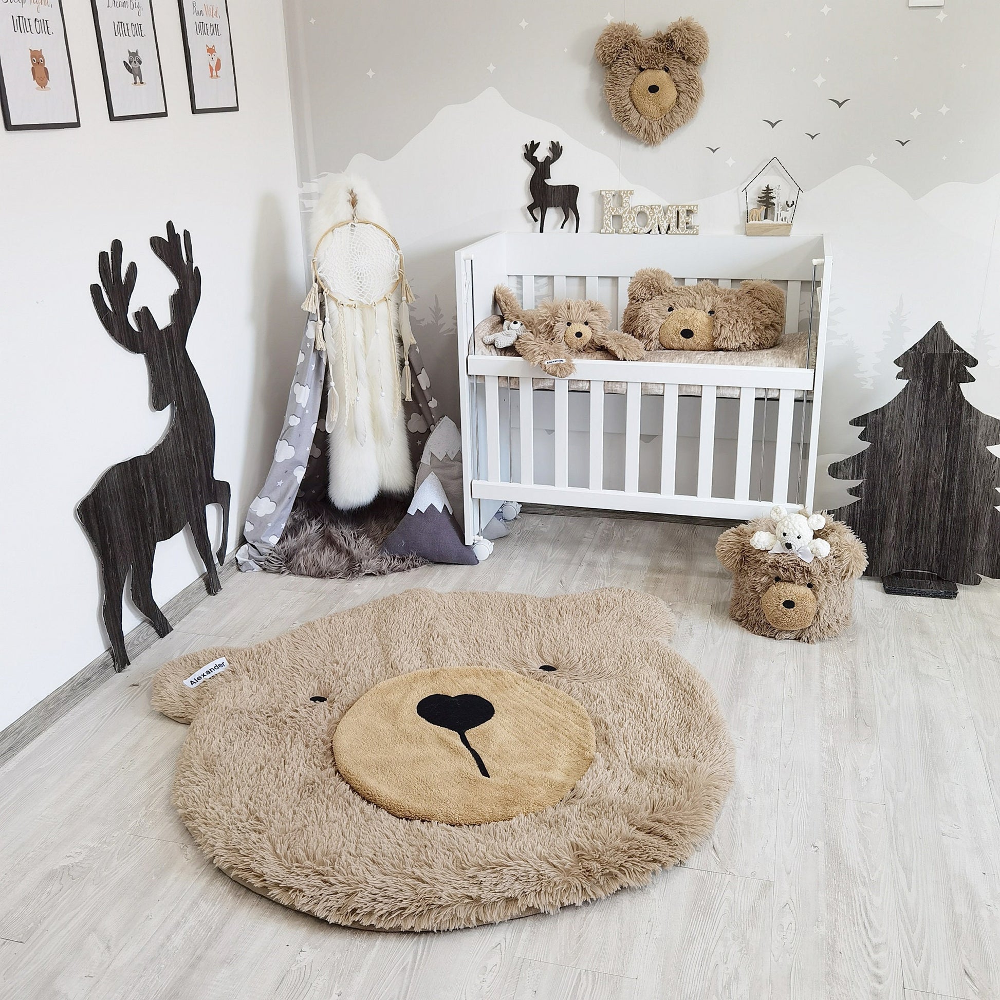 Personalized Nursery Bear Rug: Warm Taupe Minky Fabric, Adventure Theme