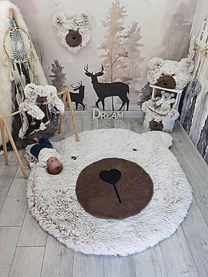 Personalized Fluffy Bear Rug: Cocoa/Snow Nursery Decor