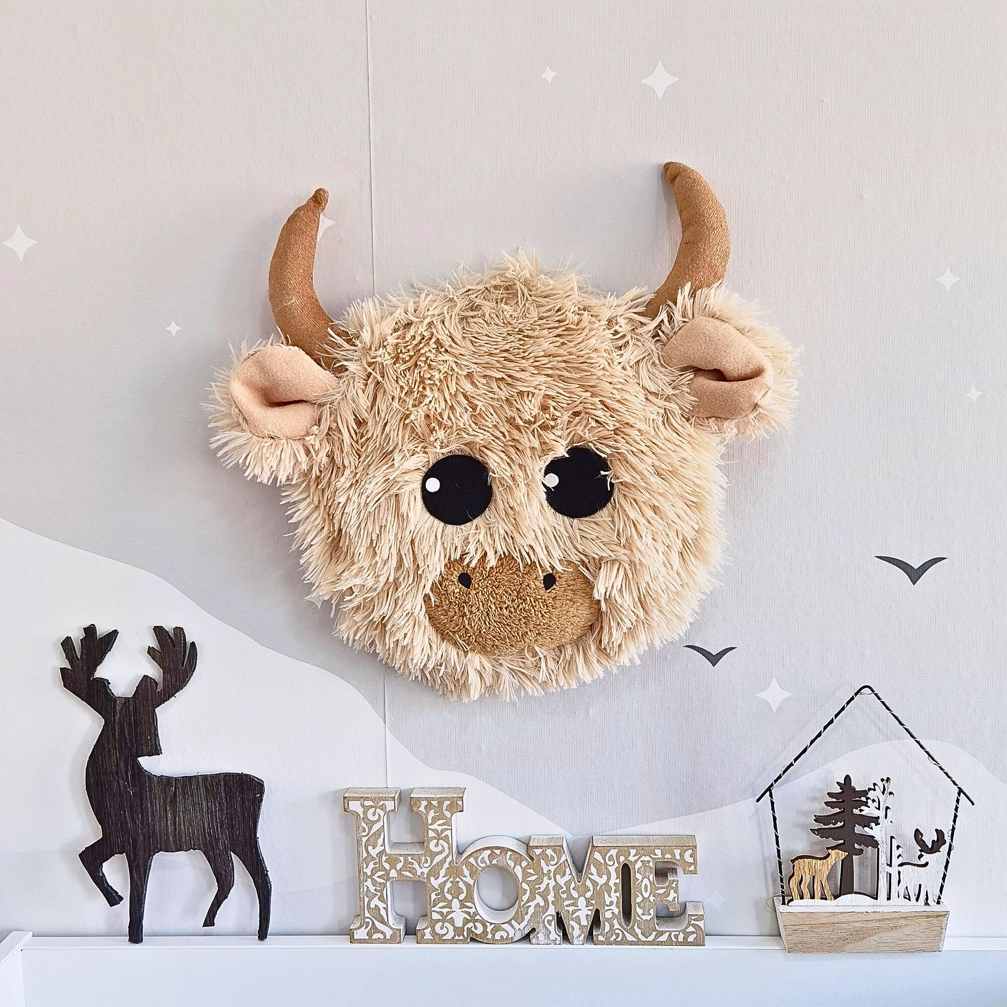 Plush Highland Cow Head Wall Mount: Farm Nursery Decor