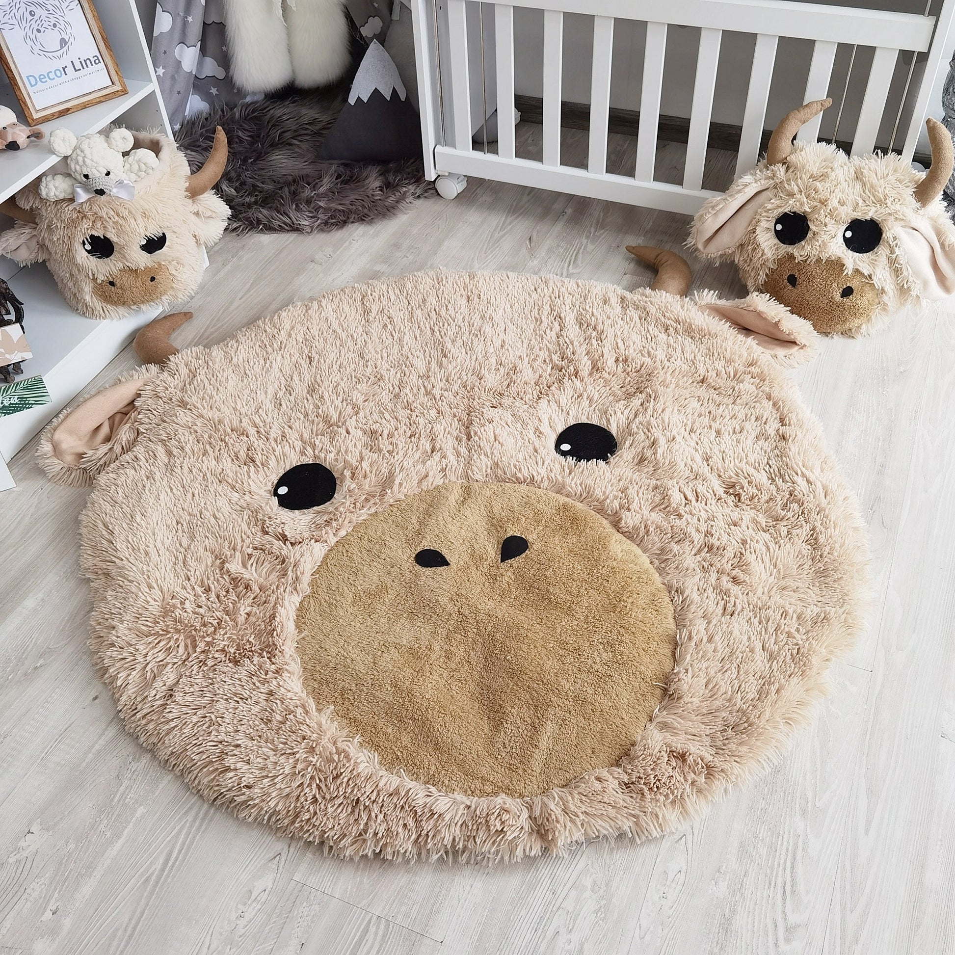 Highland Cow Nursery Rug - Personalized Shaggy Minky Play Mat for Baby