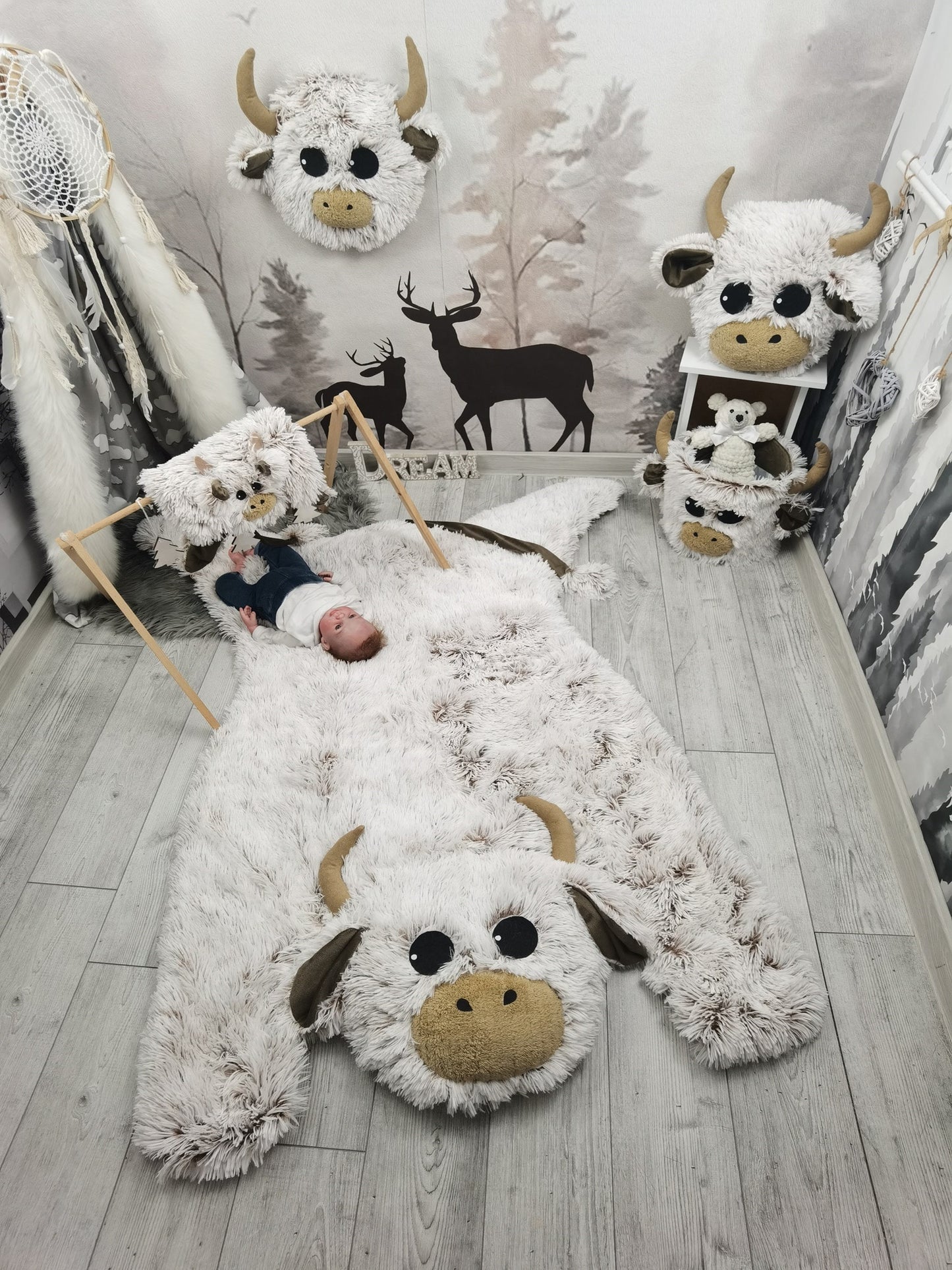 Highland Cow Nursery Set - Personalized Rug, Pillow & Storage Basket Collection