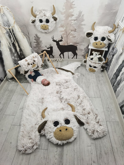 Highland Cow Nursery Set - Personalized Rug, Pillow & Storage Basket Collection