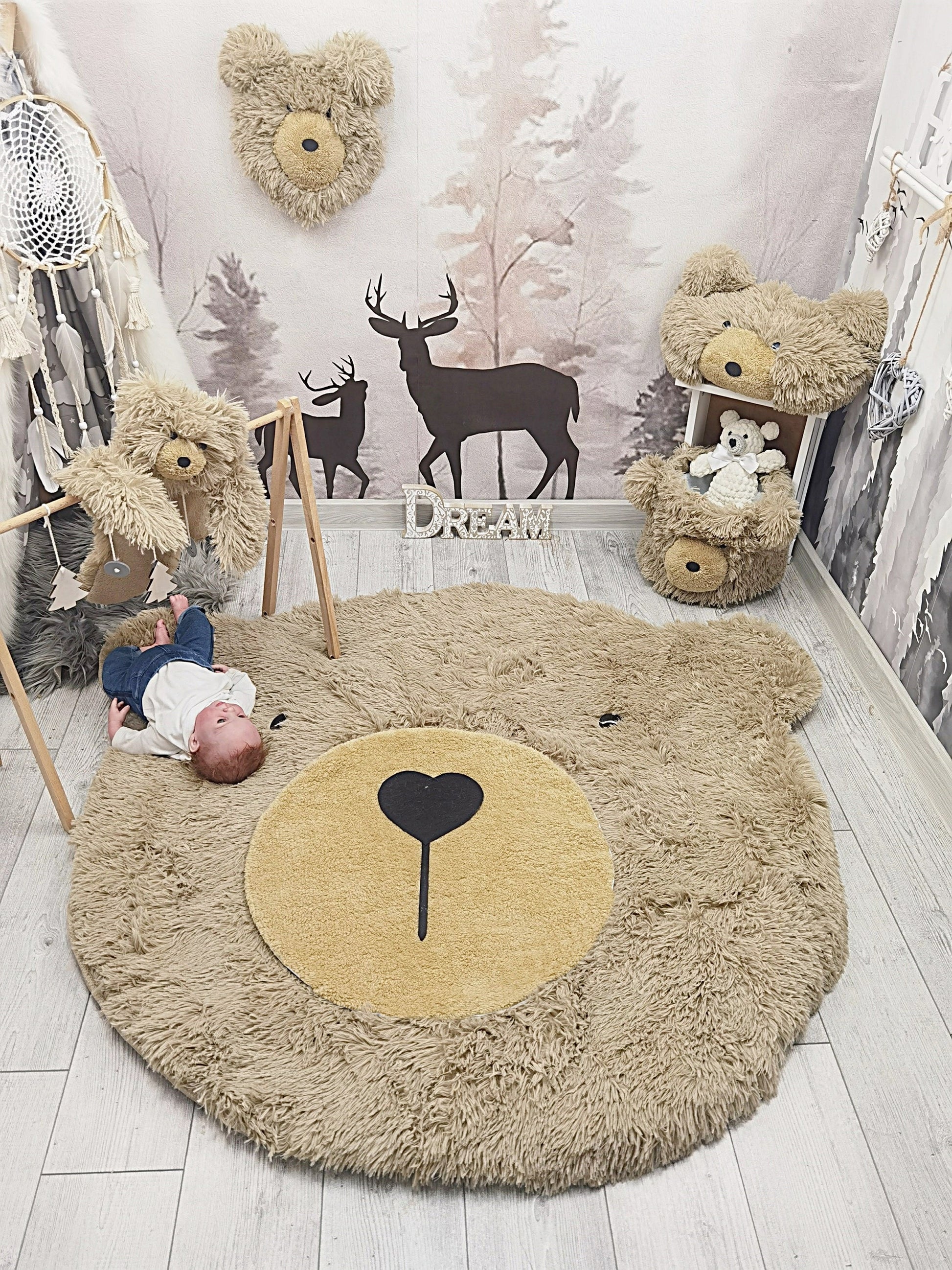 Personalized Nursery Bear Rug: Warm Taupe Minky Fabric, Adventure Theme