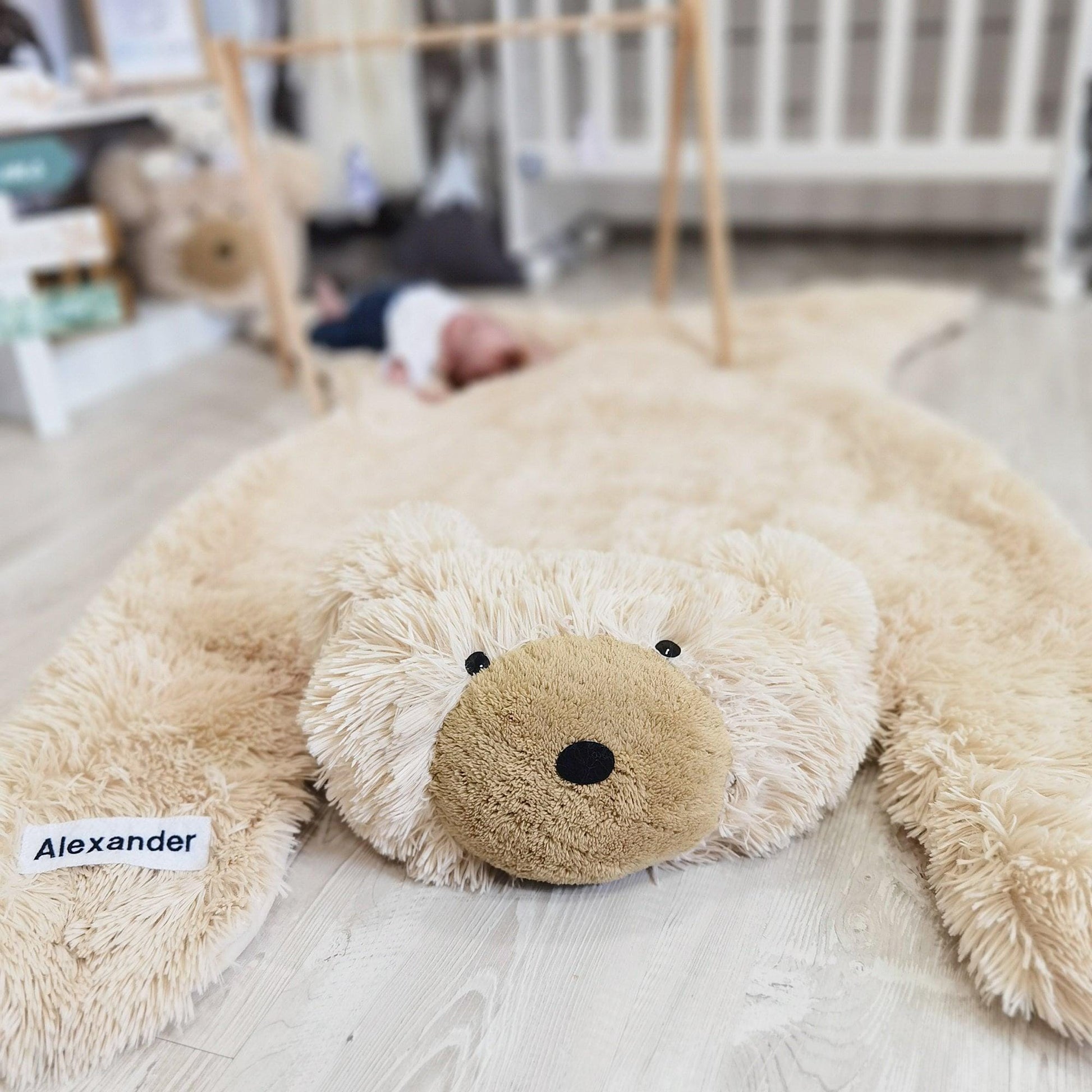 Personalized Beige Bear Rug: Fluffy Minky Nursery Decor