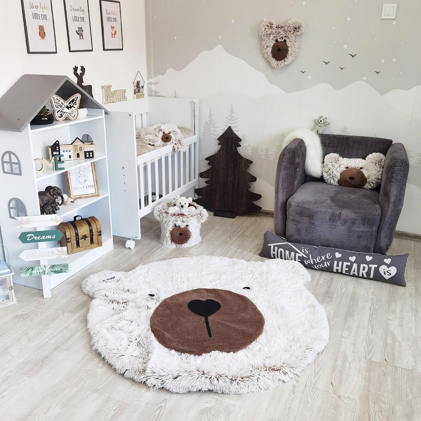 Personalized Fluffy Bear Rug: Cocoa/Snow Nursery Decor