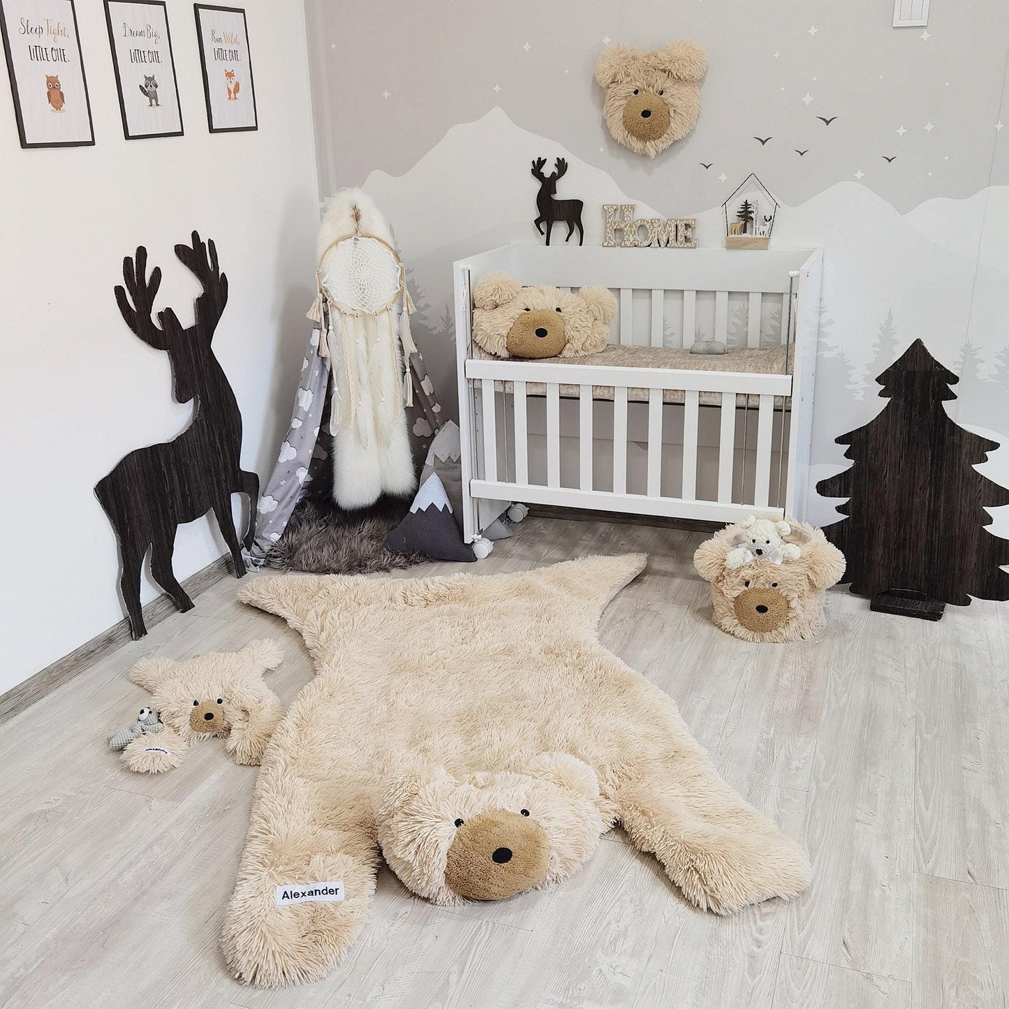 Personalized Beige Bear Rug: Fluffy Minky Nursery Decor