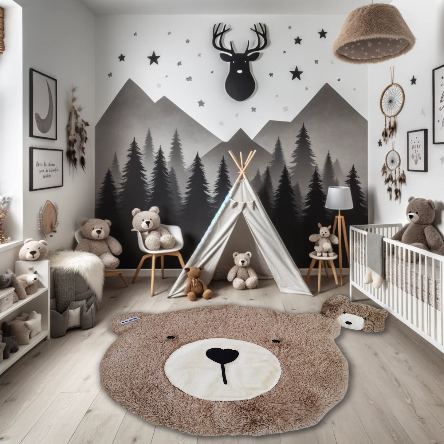 Personalized Fluffy Bear Rug: Taupe Woodland Nursery Decor