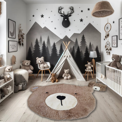 Personalized Fluffy Bear Rug: Taupe Woodland Nursery Decor
