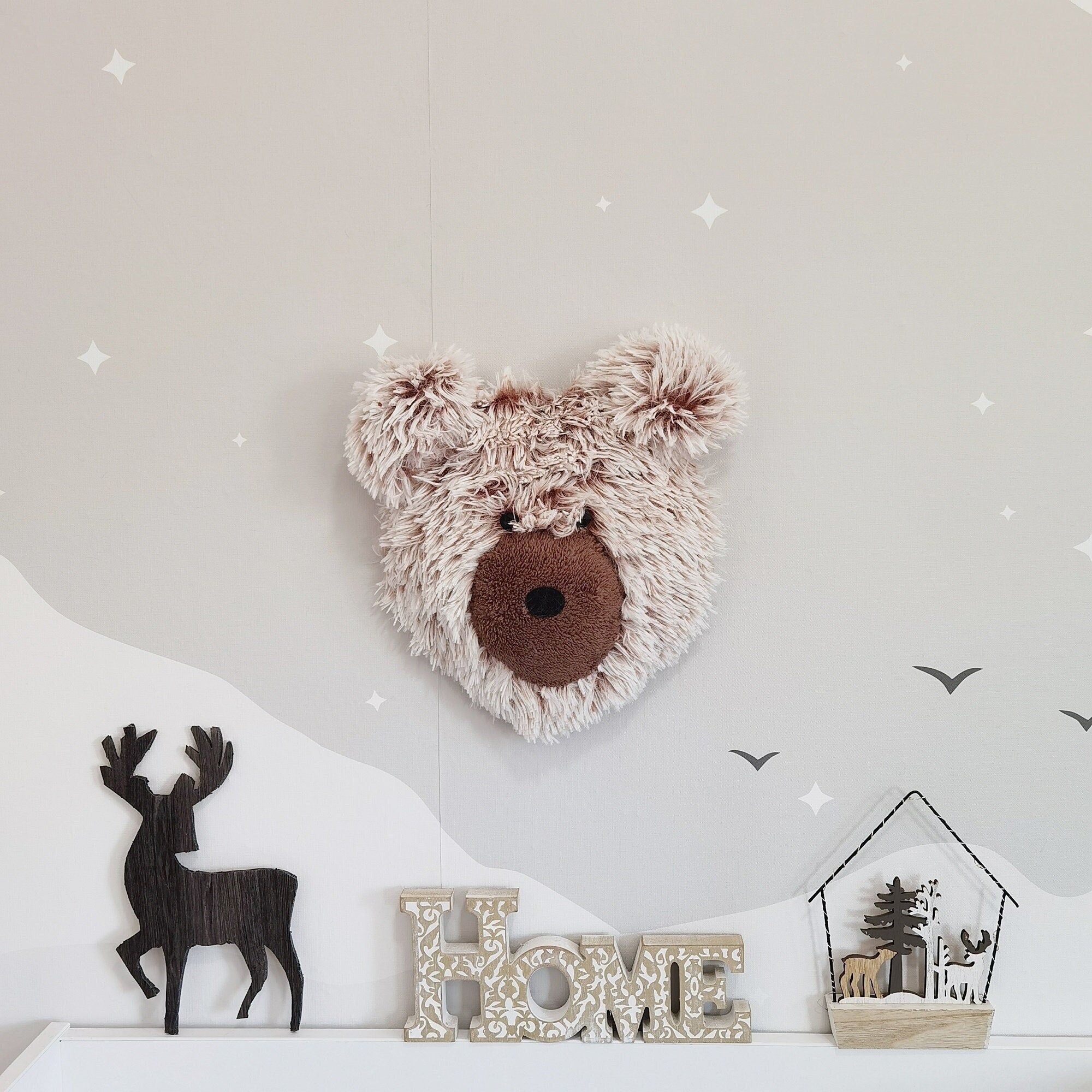 Faux Bear Head Shaggy Minky Wall Decor