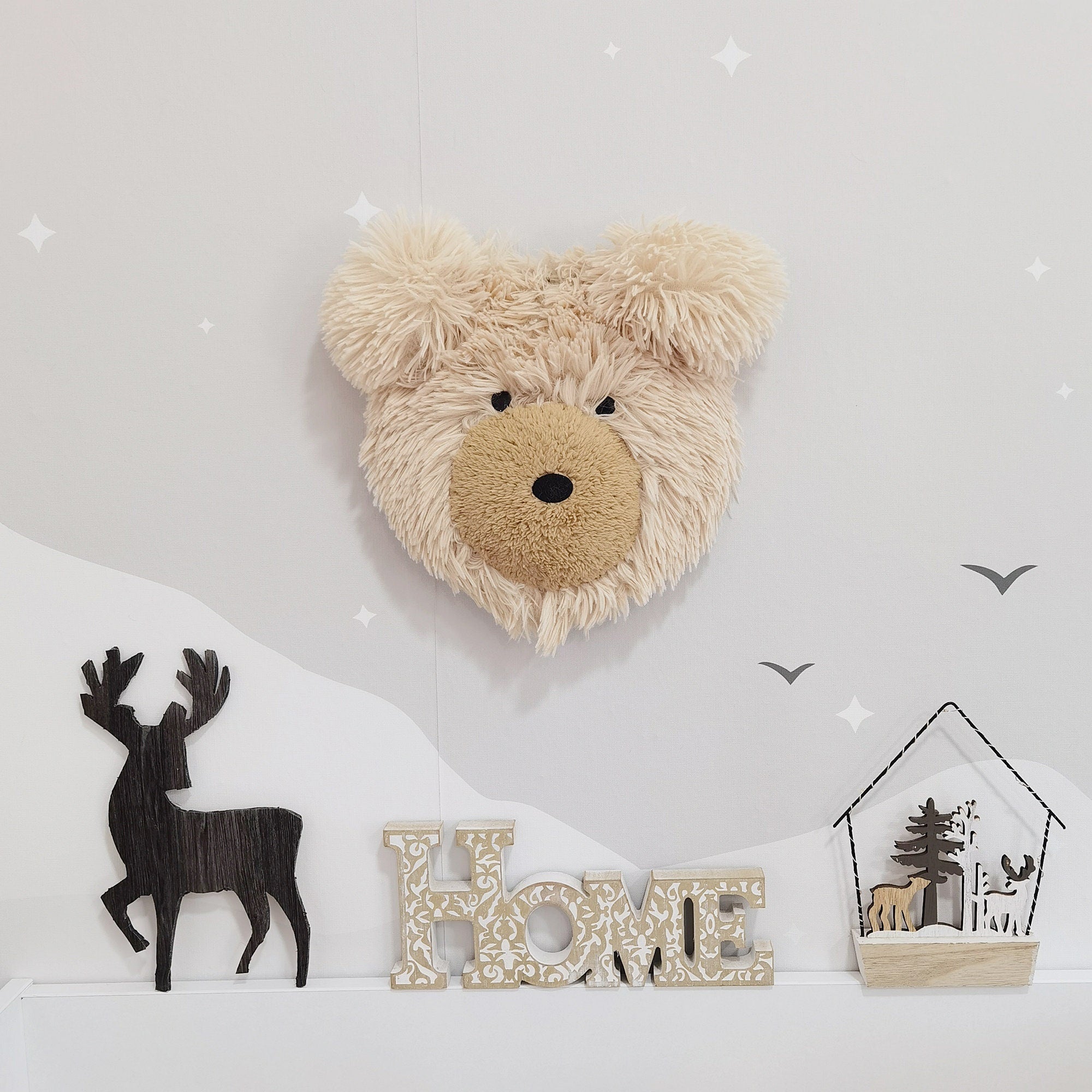 Bear Head Wall Mount - Faux Taxidermy Nursery Decor & Soft Plush Trophy