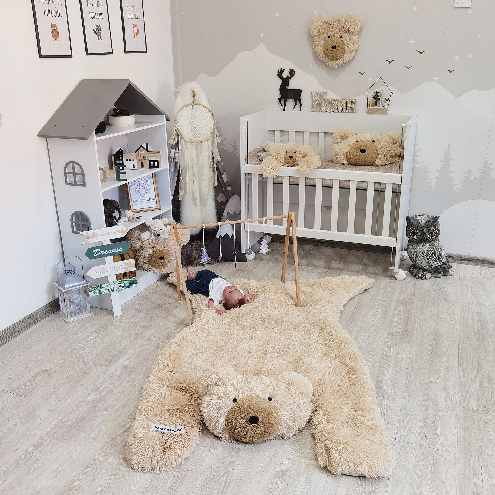Personalized Beige Bear Rug: Fluffy Minky Nursery Decor