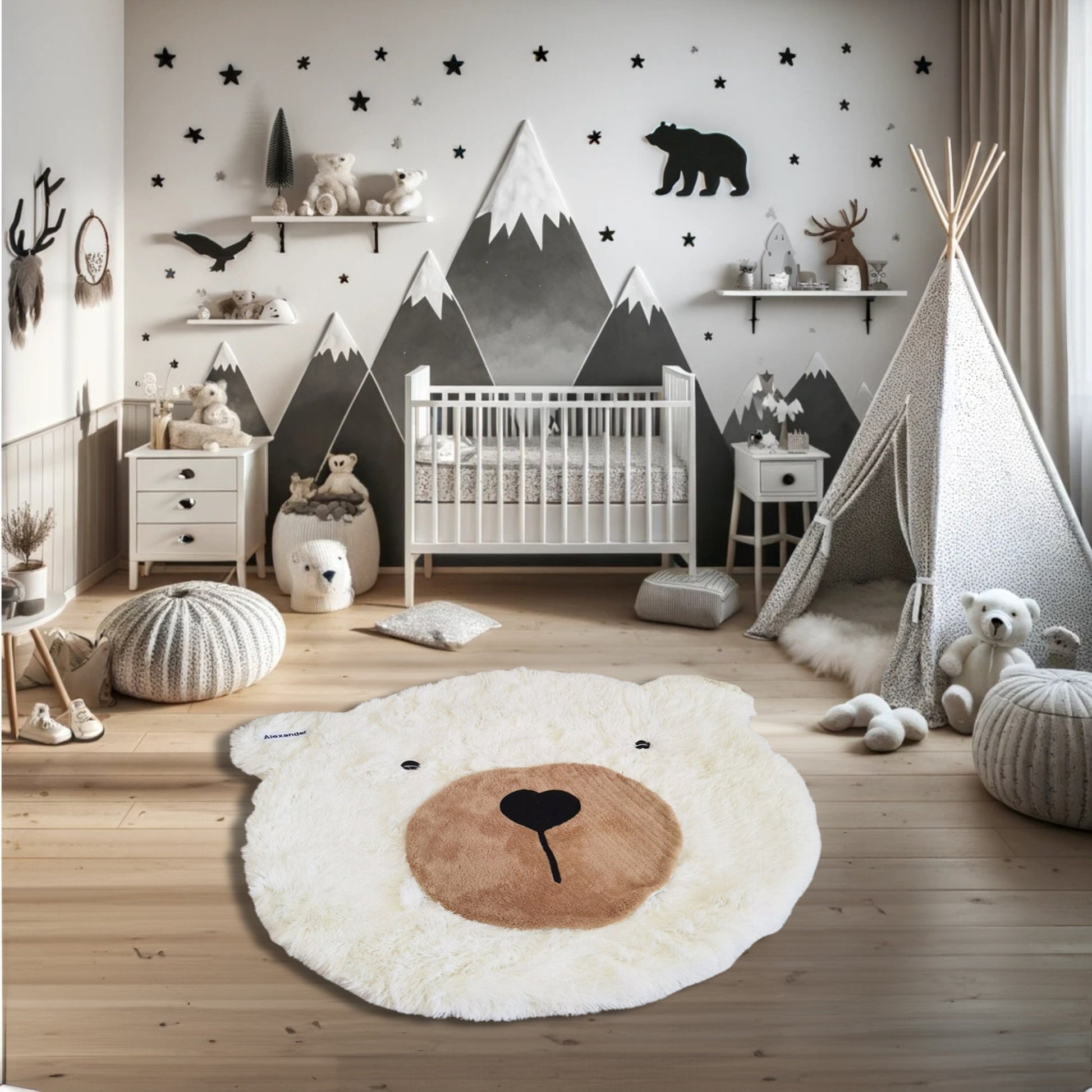 Personalized White Bear Rug: Fluffy Minky Nursery Decor