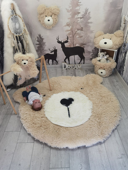 Personalized Beige Bear Rug: Shaggy Minky Nursery Decor
