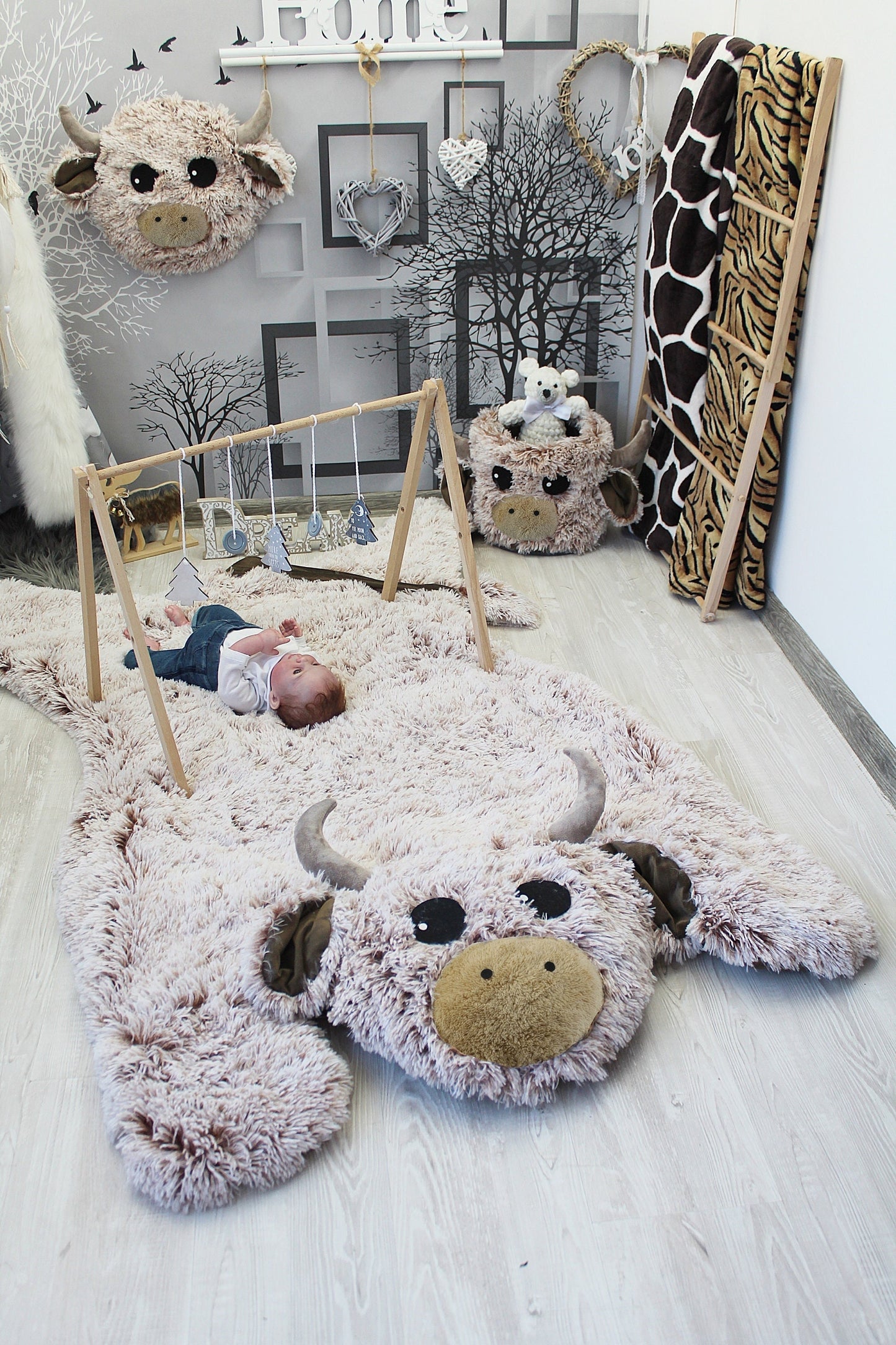 Highland Cow Nursery Rug: Faux Fur Farm Animal Decor