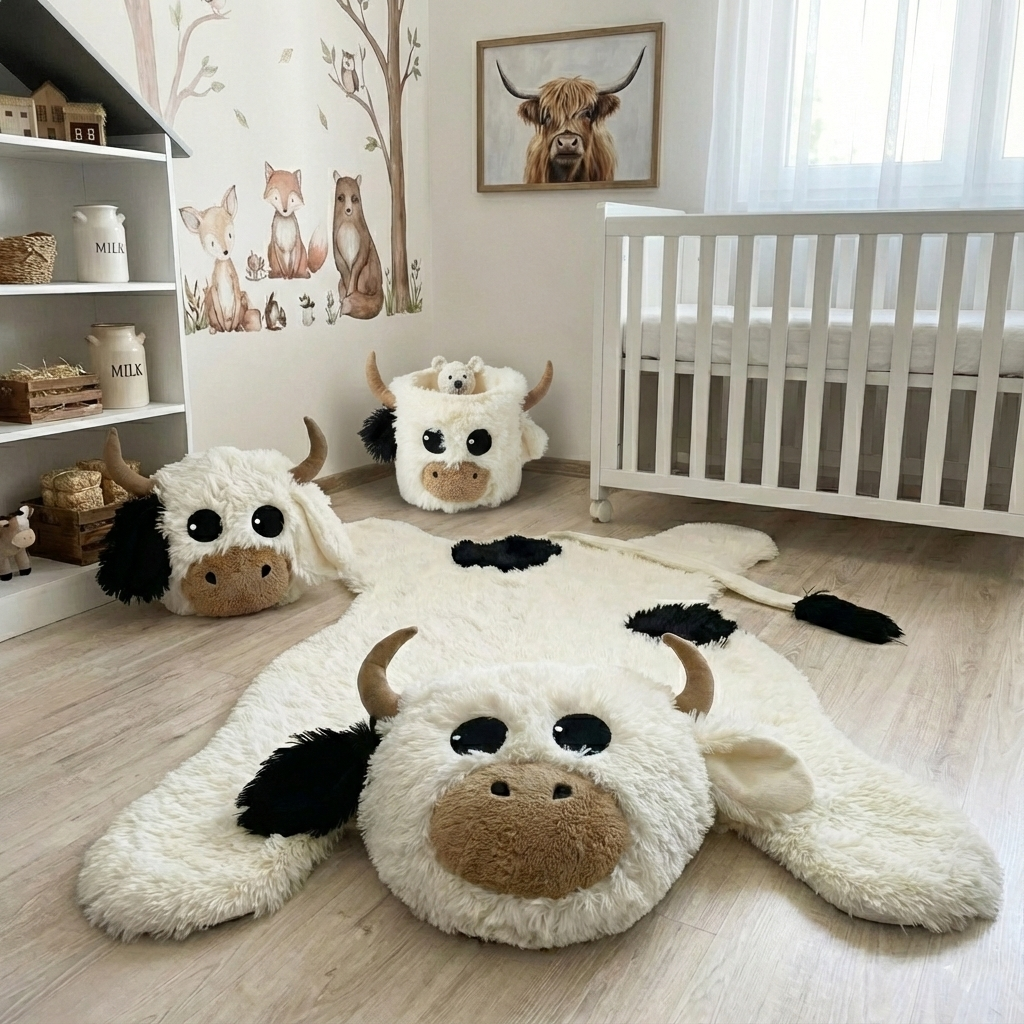 Handmade Highland Cow Nursery Basket: Plush Farm Animal Storage Bin