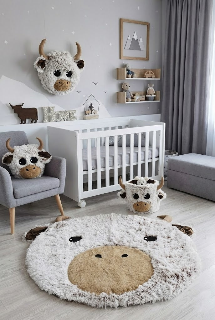 Highland Cow Pillow - Personalized Kids Cushion, Soft Shaggy Fleece Nursery