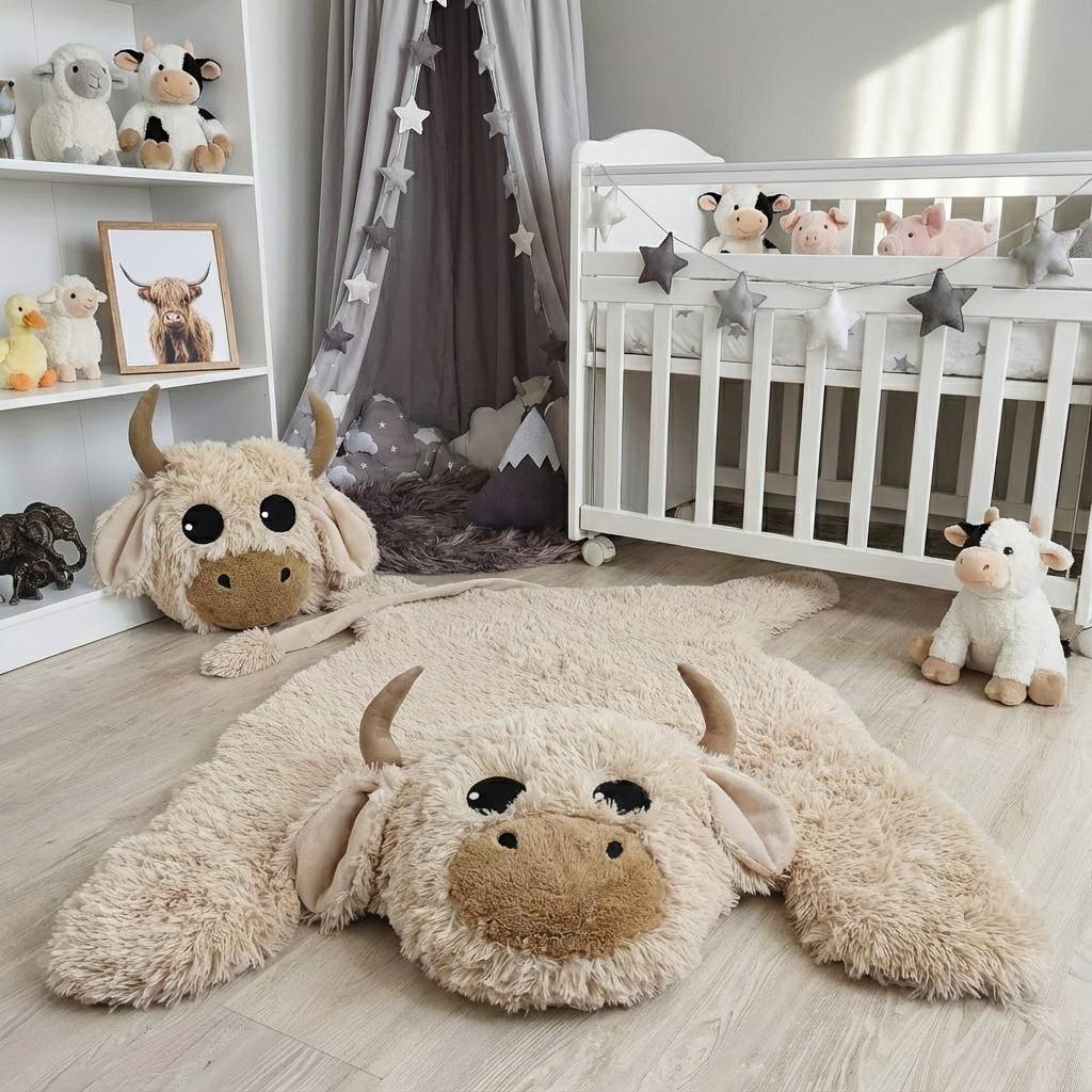 Plush Highland Cow Head Wall Mount: Farm Nursery Decor