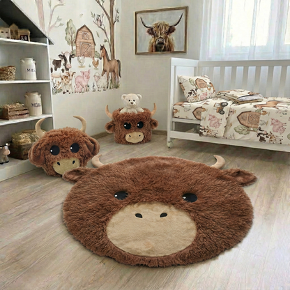 Highland Cow Nursery Rug - Soft Plush Farm Animal Play Mat for Baby Room Decor
