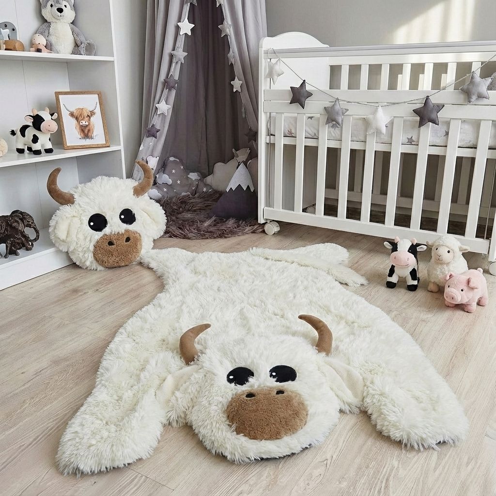 White Highland Cow Rug Plush Farmhouse