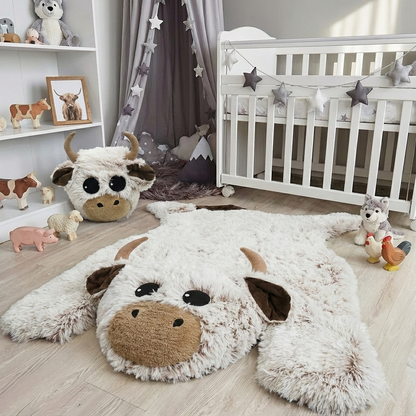 Highland Cow Nursery Rug: Faux Fur Farm Animal Decor