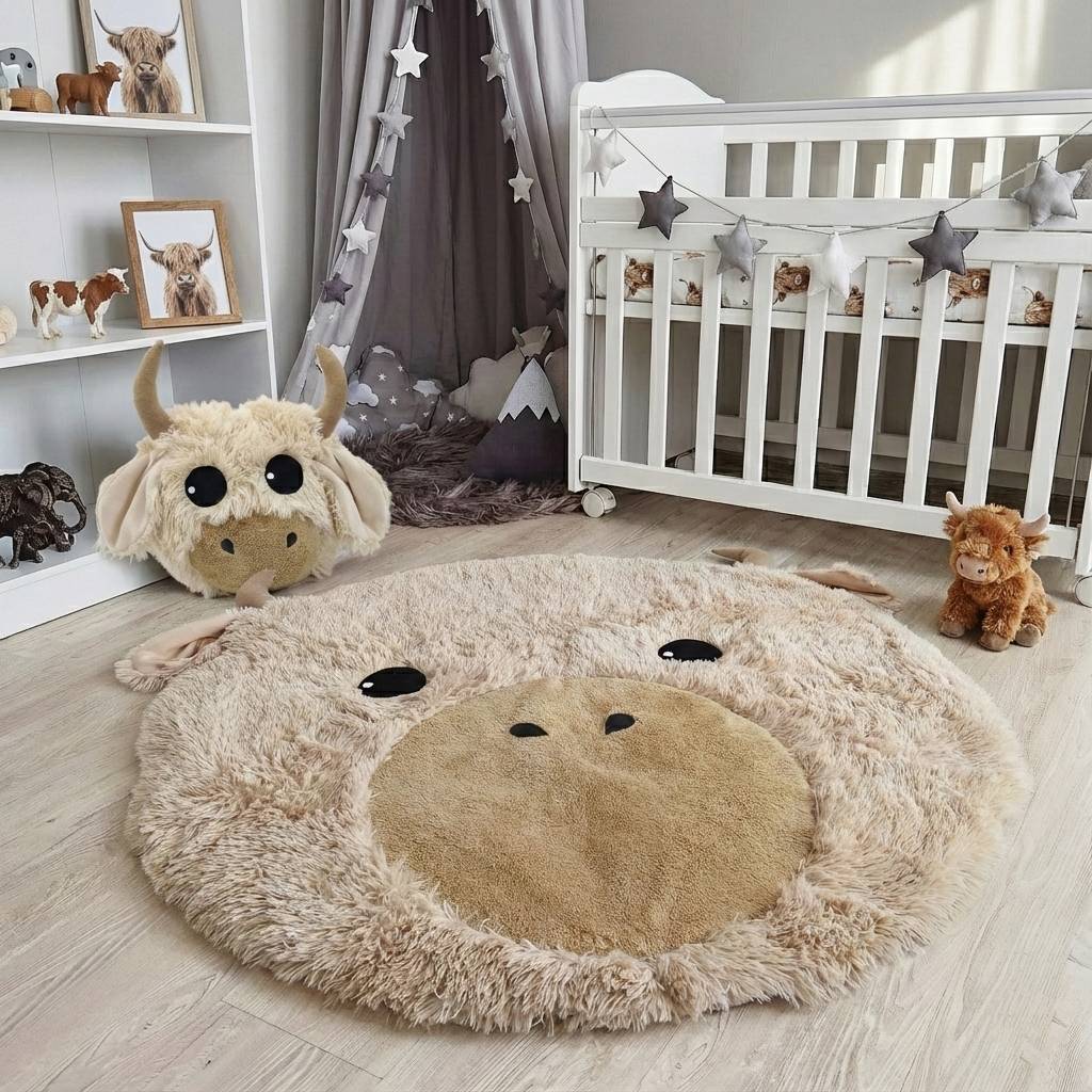 Highland Cow Nursery Rug - Personalized Shaggy Minky Play Mat for Baby
