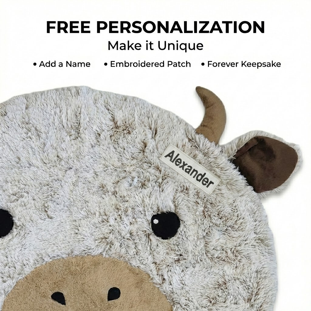 Highland Cow Pillow - Personalized Kids Cushion, Soft Shaggy Fleece Nursery