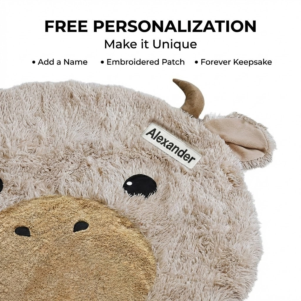 Highland Cow Nursery Rug - Personalized Shaggy Minky Play Mat for Baby