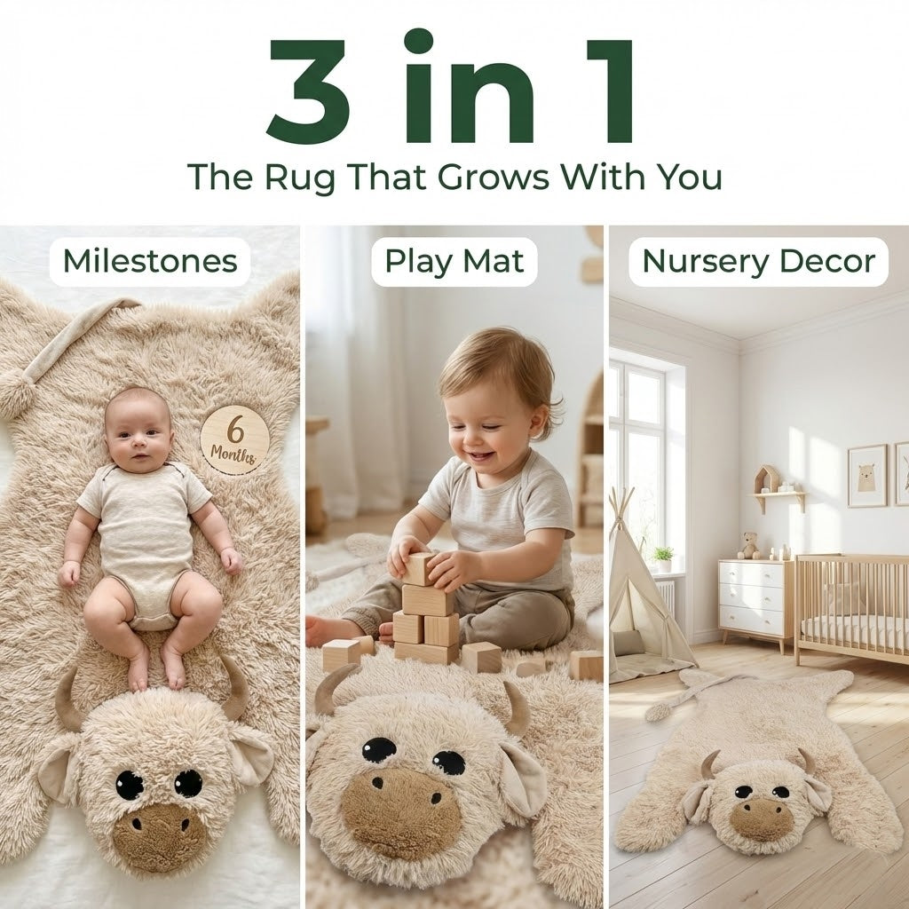 Highland Cow Nursery Rug Beige - DECORLINA
