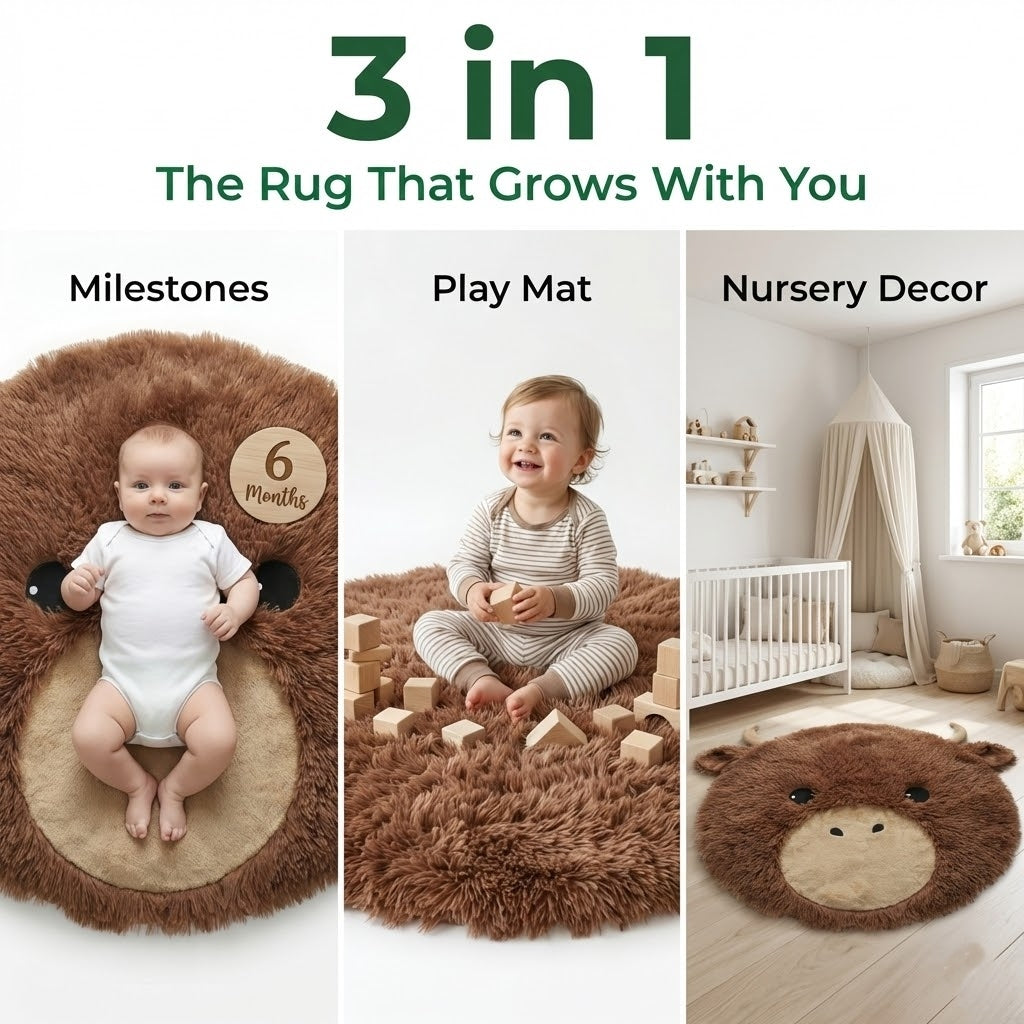 Highland Cow Nursery Rug - Soft Plush Farm Animal Play Mat for Baby Room Decor