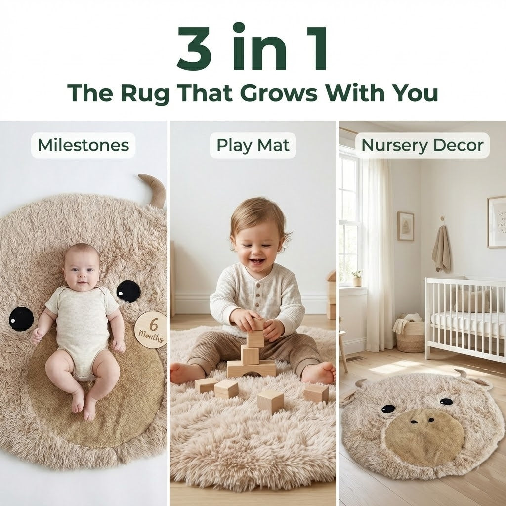 Highland Cow Nursery Rug - Personalized Shaggy Minky Play Mat for Baby