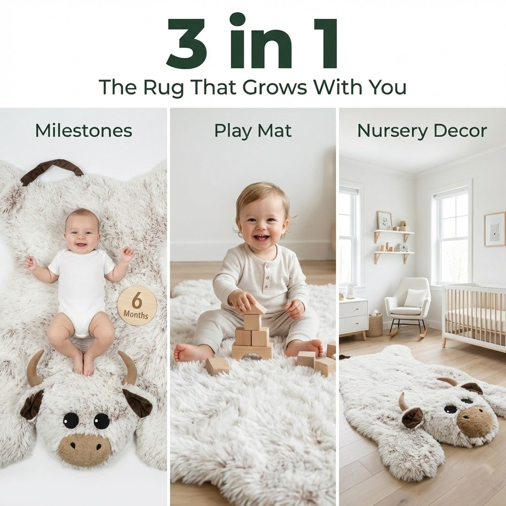 Highland Cow Nursery Rug: Faux Fur Farm Animal Decor