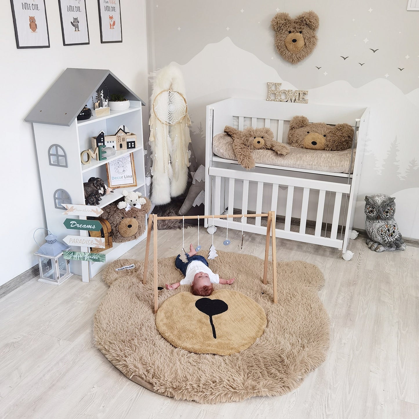 Personalized Nursery Bear Rug: Warm Taupe Minky Fabric, Adventure Theme