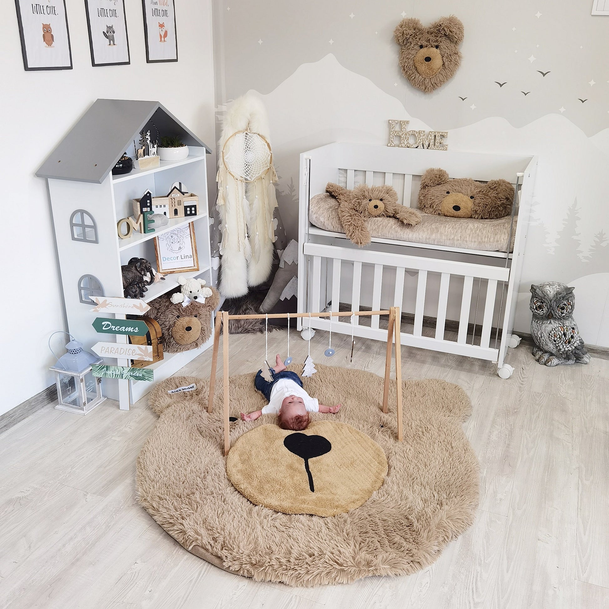 Personalized Nursery Bear Rug: Warm Taupe Minky Fabric, Adventure Theme
