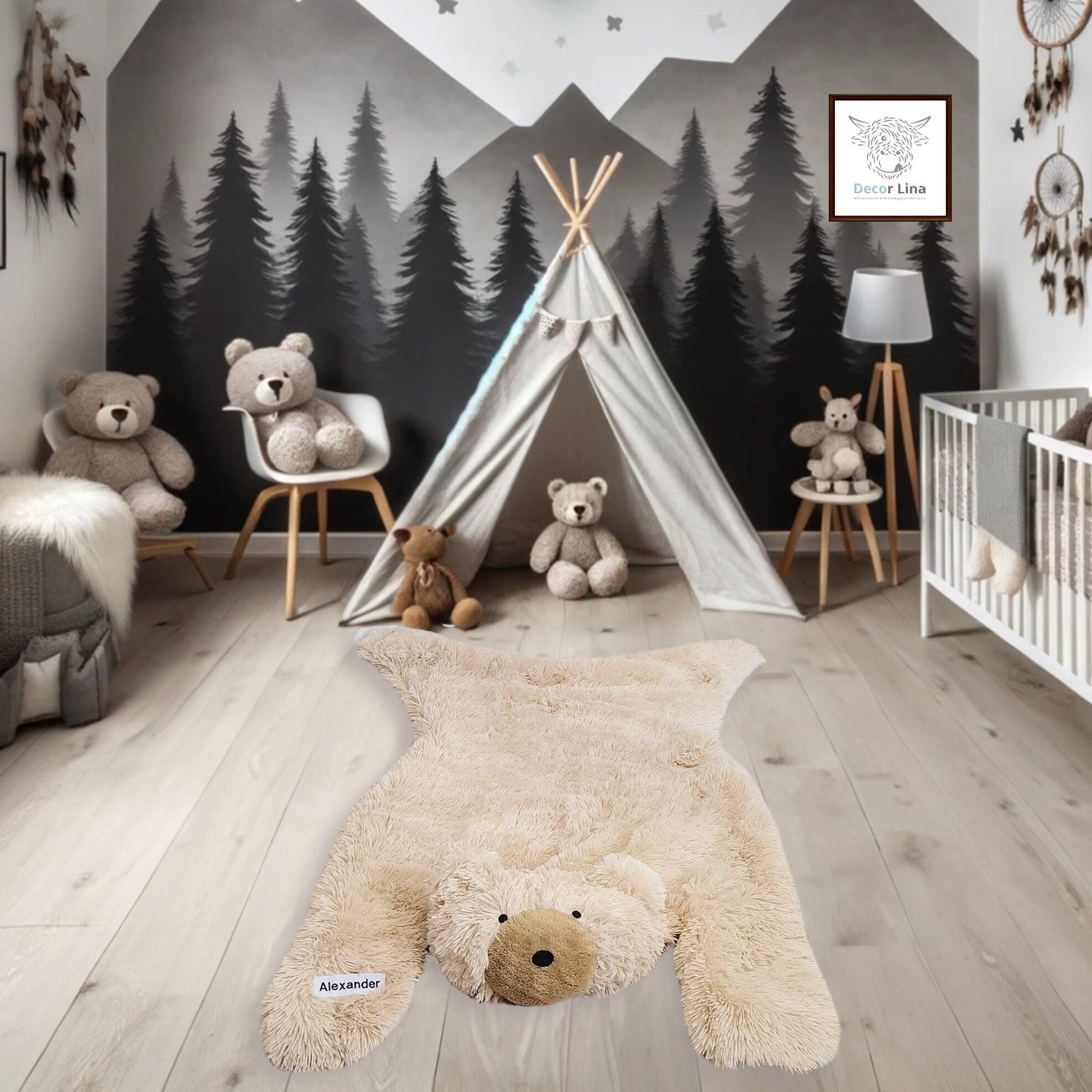 Personalized Beige Bear Rug: Fluffy Minky Nursery Decor