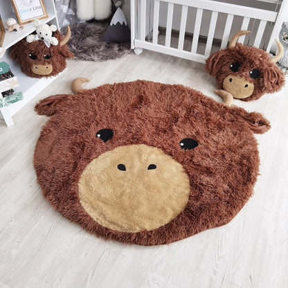 Highland Cow Nursery Rug - Soft Plush Farm Animal Play Mat for Baby Room Decor