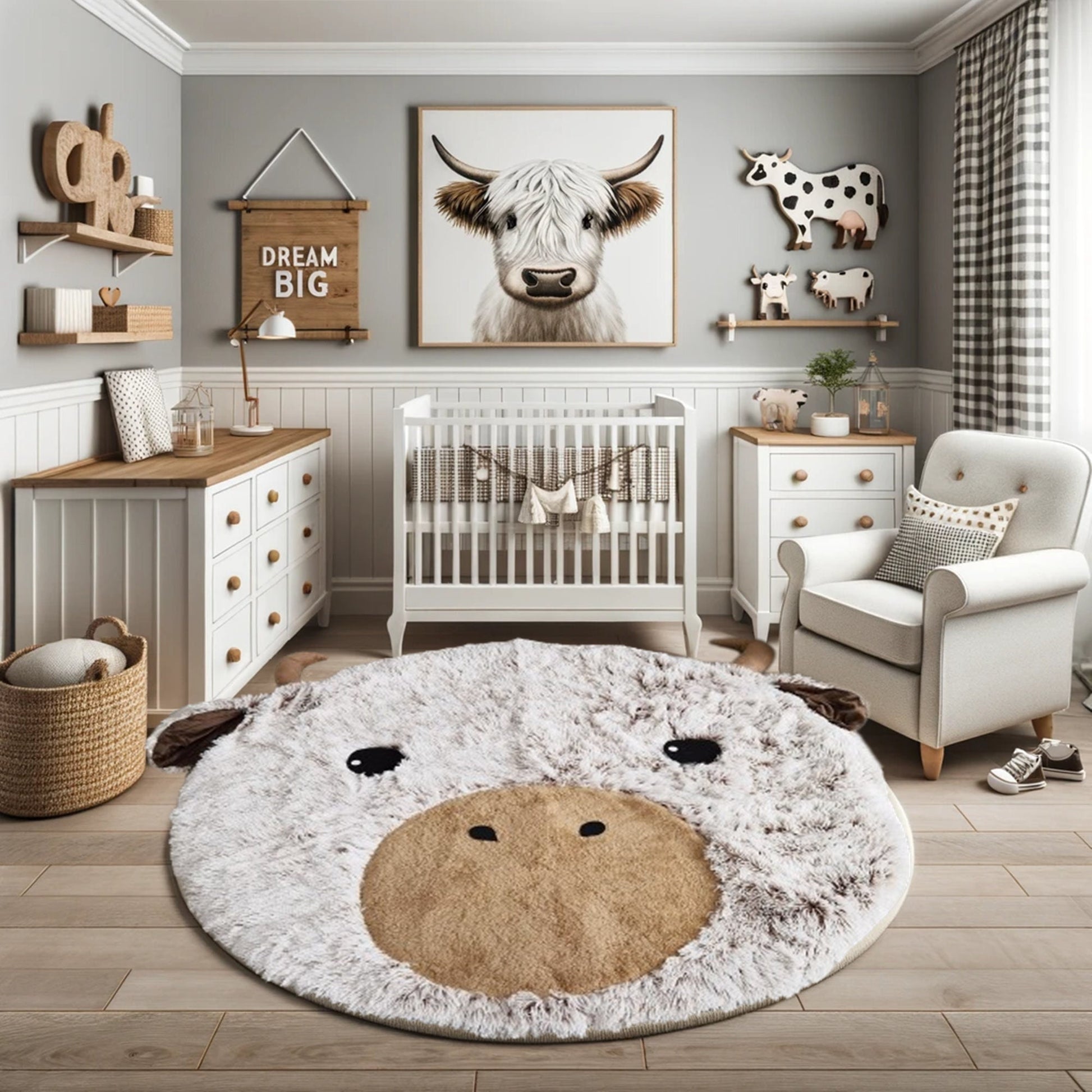 Highland Cow Nursery Rug: Plush Farmhouse Baby Playmat