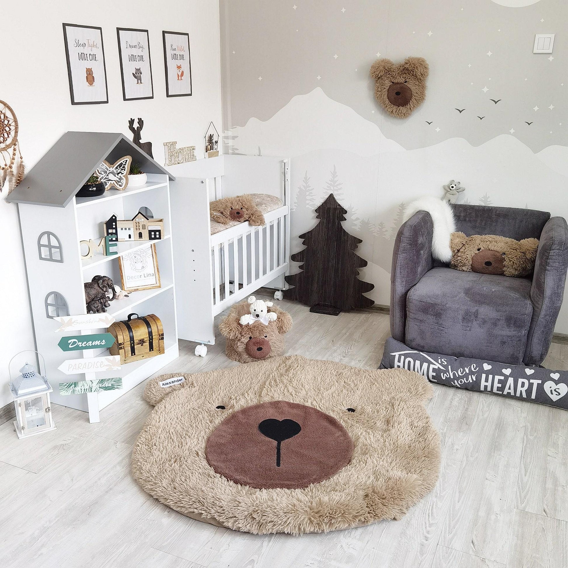 Personalized Fluffy Bear Rug: Warm Taupe Nursery Decor