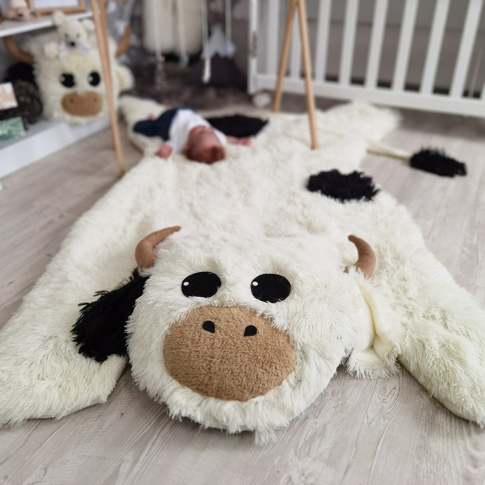 White Highland Cow Rug Plush Farm