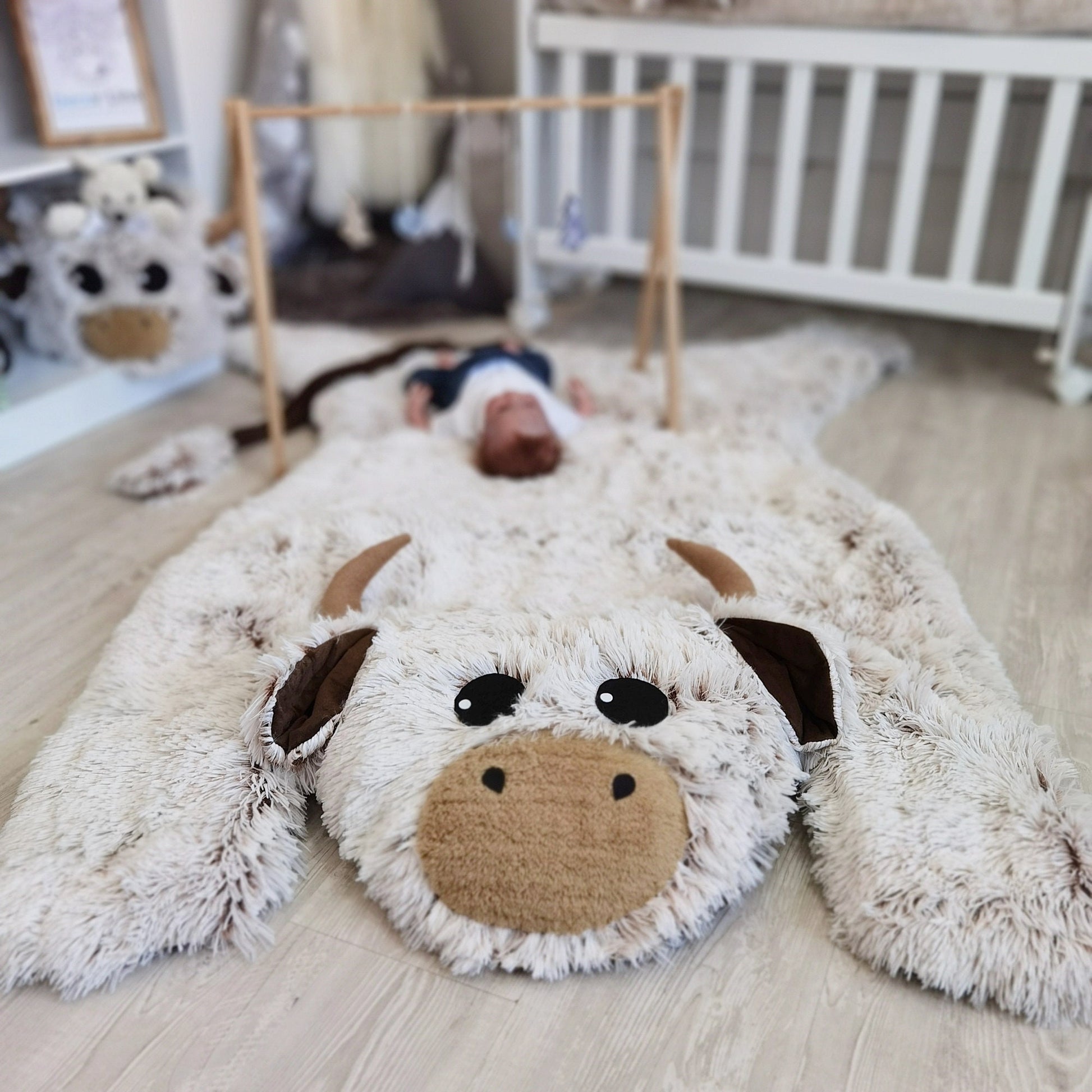 Highland Cow Nursery Rug: Faux Fur Farm Animal Decor