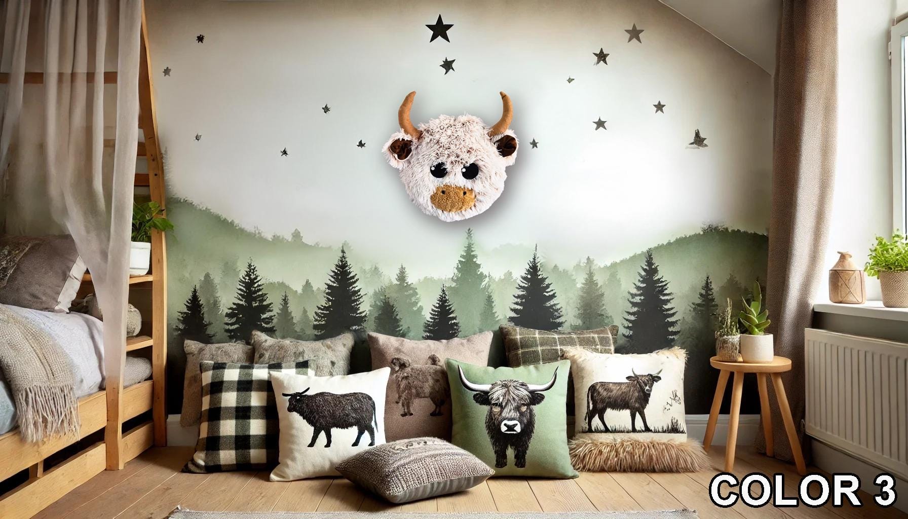 Highland Cow Head Wall Mount: Fluffy Faux Taxidermy Nursery Decor