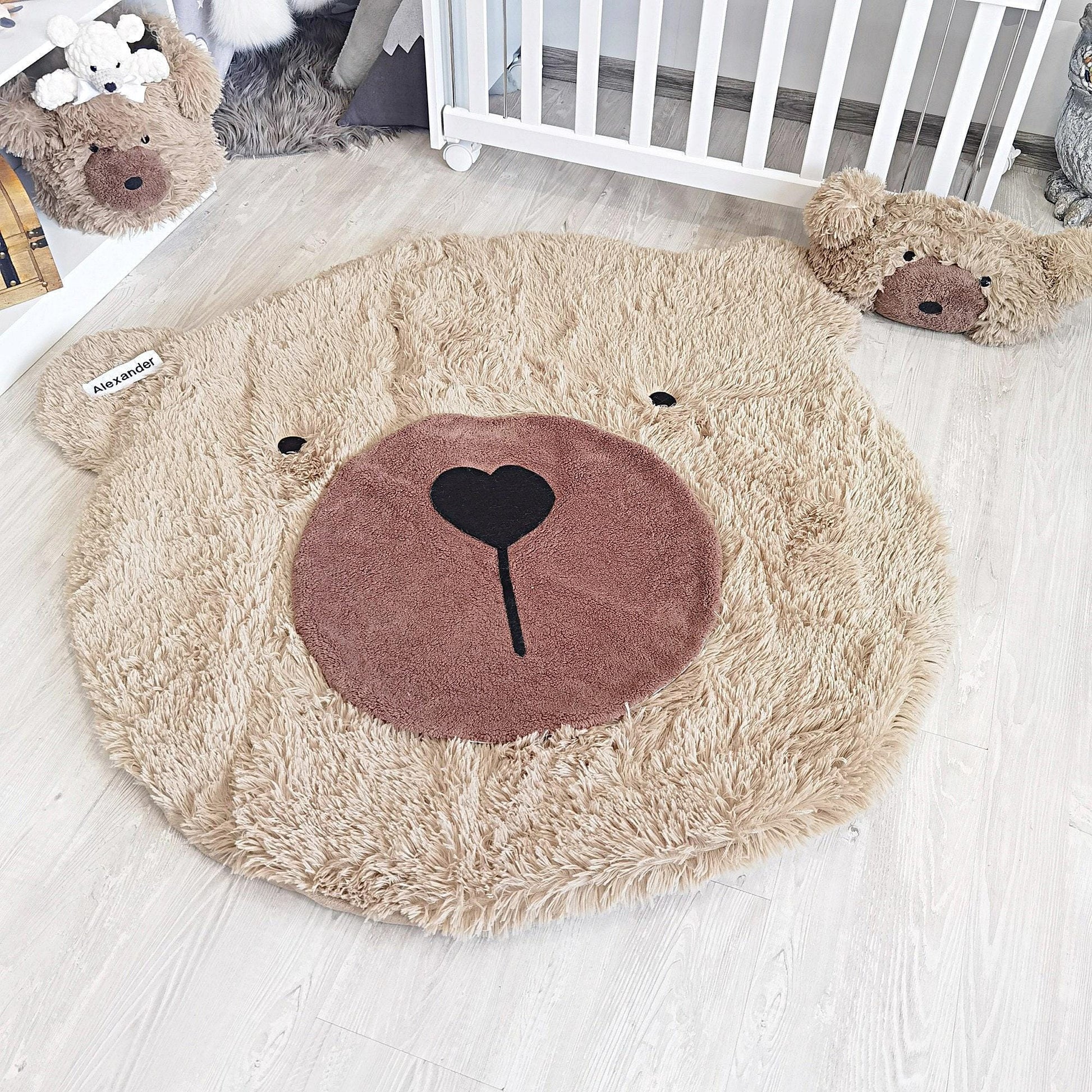 Personalized Fluffy Bear Rug: Warm Taupe Nursery Decor