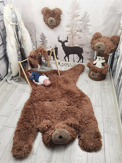 Personalized Bear Rug for Baby Boy Nursery - Soft Brown Plush Animal Play Mat